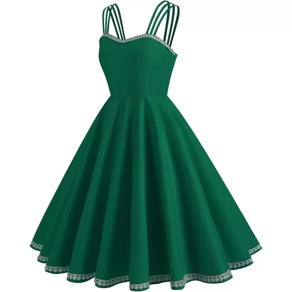 IDOPIP 1950s Dresses for Women Vintage Cocktail Party Swing Dress Solid Retro Halter Wedding Guest Rockabilly Pinup DressesGreen