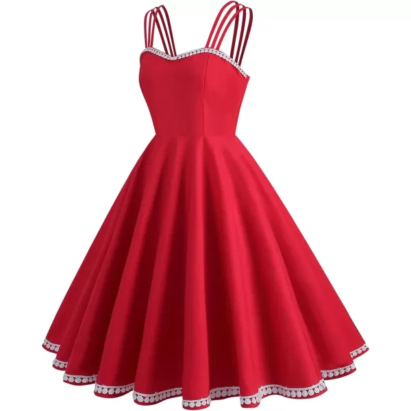 IDOPIP 1950s Dresses for Women Vintage Cocktail Party Swing Dress Solid Retro Halter Wedding Guest Rockabilly Pinup DressesRed