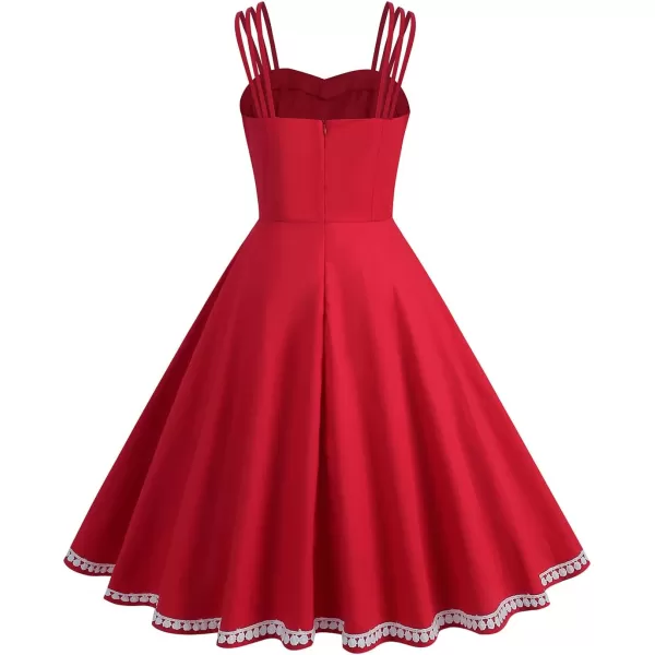 IDOPIP 1950s Dresses for Women Vintage Cocktail Party Swing Dress Solid Retro Halter Wedding Guest Rockabilly Pinup DressesRed