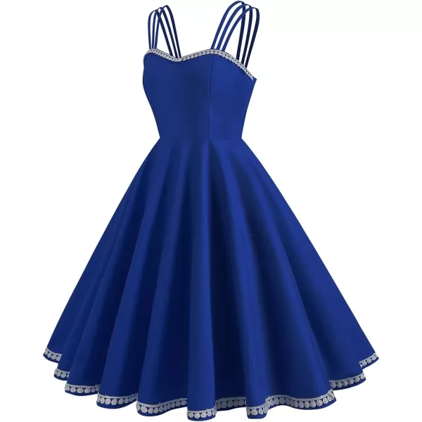 IDOPIP 1950s Dresses for Women Vintage Cocktail Party Swing Dress Solid Retro Halter Wedding Guest Rockabilly Pinup DressesRoyal Blue