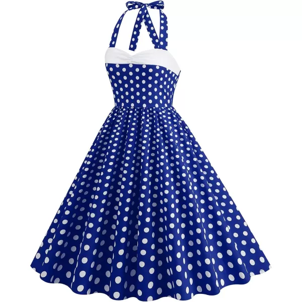 IDOPIP 1950s Dresses for Women Vintage Cocktail Party Swing Dress Summer Retro Halter Wedding Casual Party Aline Midi DressRoyal Blue