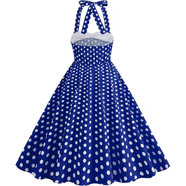 IDOPIP 1950s Dresses for Women Vintage Cocktail Party Swing Dress Summer Retro Halter Wedding Casual Party Aline Midi DressRoyal Blue