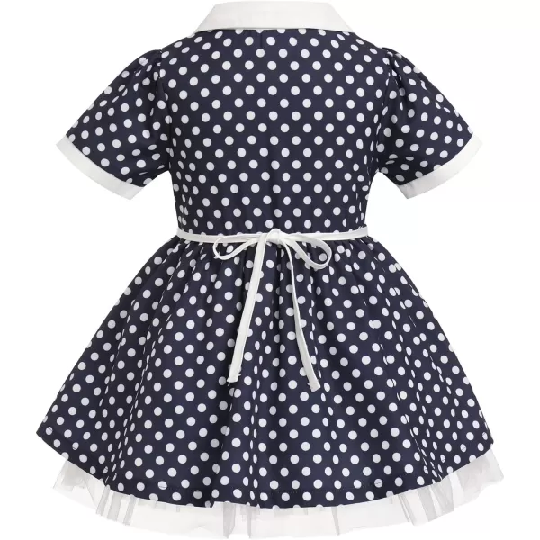 IDOPIP 1950s Housewife Costume for Girls Kids Halloween Birthday Party Dress up with ApronBelt  Headband for Photo ShootNavy Blue Polka Dot  Button