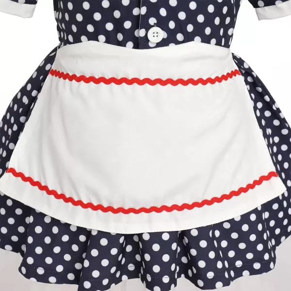 IDOPIP 1950s Housewife Costume for Girls Kids Halloween Birthday Party Dress up with ApronBelt  Headband for Photo ShootNavy Blue Polka Dot  Button