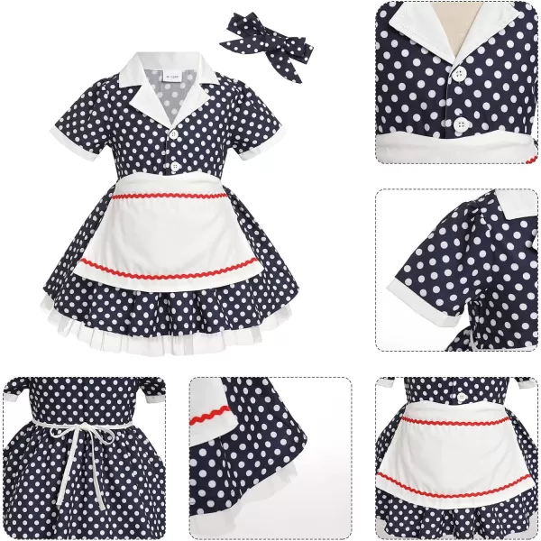 IDOPIP 1950s Housewife Costume for Girls Kids Halloween Birthday Party Dress up with ApronBelt  Headband for Photo ShootNavy Blue Polka Dot  Button