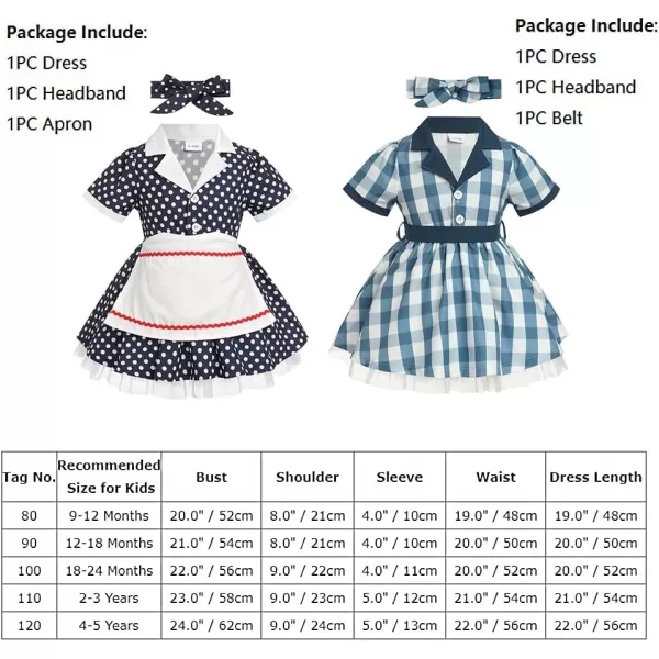 IDOPIP 1950s Housewife Costume for Girls Kids Halloween Birthday Party Dress up with ApronBelt  Headband for Photo ShootNavy Blue Polka Dot  Button