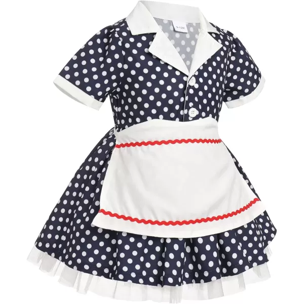 IDOPIP 1950s Housewife Costume for Girls Kids Halloween Birthday Party Dress up with ApronBelt  Headband for Photo ShootNavy Blue Polka Dot  Button