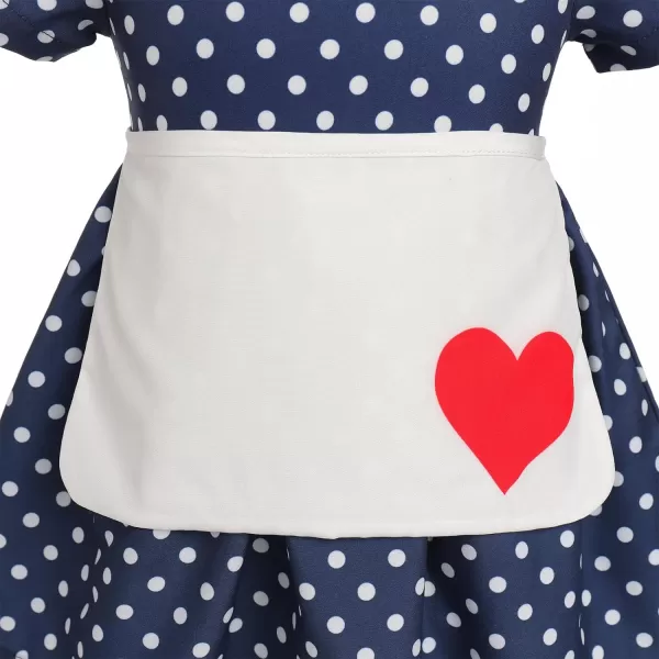 IDOPIP 1950s Housewife Costume for Girls Kids Halloween Birthday Party Dress up with ApronBelt  Headband for Photo ShootNavy Blue Polka Dot  Heart