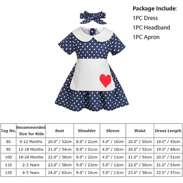 IDOPIP 1950s Housewife Costume for Girls Kids Halloween Birthday Party Dress up with ApronBelt  Headband for Photo ShootNavy Blue Polka Dot  Heart