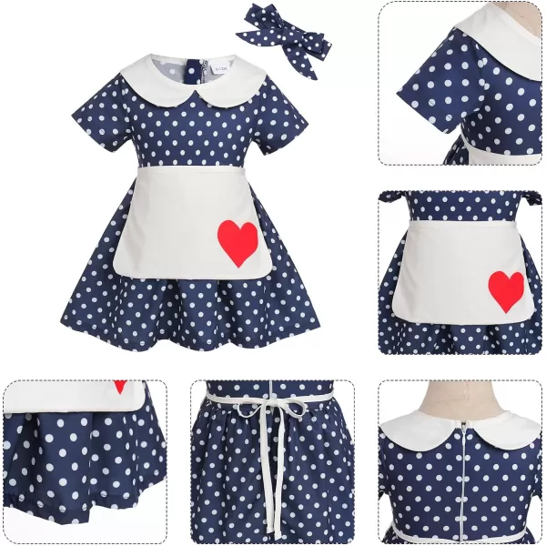 IDOPIP 1950s Housewife Costume for Girls Kids Halloween Birthday Party Dress up with ApronBelt  Headband for Photo ShootNavy Blue Polka Dot  Heart