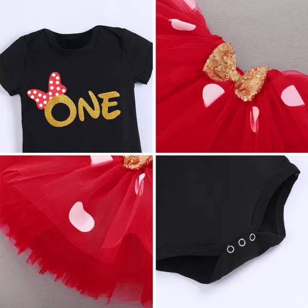 IDOPIP 1st Birthday Outfit Girl Baby Polka Dot Costume Bow One Romper Ruffle Tulle Skirt Headband Cake Smash Dress 3pcs SetBlack One