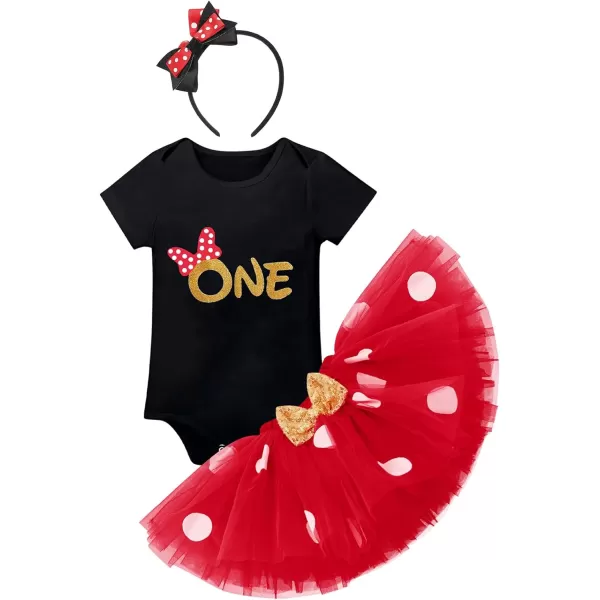 IDOPIP 1st Birthday Outfit Girl Baby Polka Dot Costume Bow One Romper Ruffle Tulle Skirt Headband Cake Smash Dress 3pcs SetBlack One