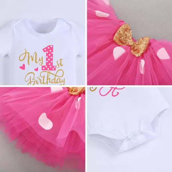 IDOPIP 1st Birthday Outfit Girl Baby Polka Dot Costume Bow One Romper Ruffle Tulle Skirt Headband Cake Smash Dress 3pcs SetHot Pink 1st Birthday