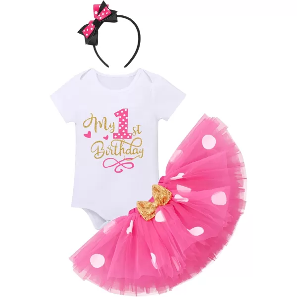 IDOPIP 1st Birthday Outfit Girl Baby Polka Dot Costume Bow One Romper Ruffle Tulle Skirt Headband Cake Smash Dress 3pcs SetHot Pink 1st Birthday