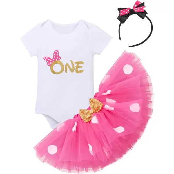 IDOPIP 1st Birthday Outfit Girl Baby Polka Dot Costume Bow One Romper Ruffle Tulle Skirt Headband Cake Smash Dress 3pcs SetHot Pink One