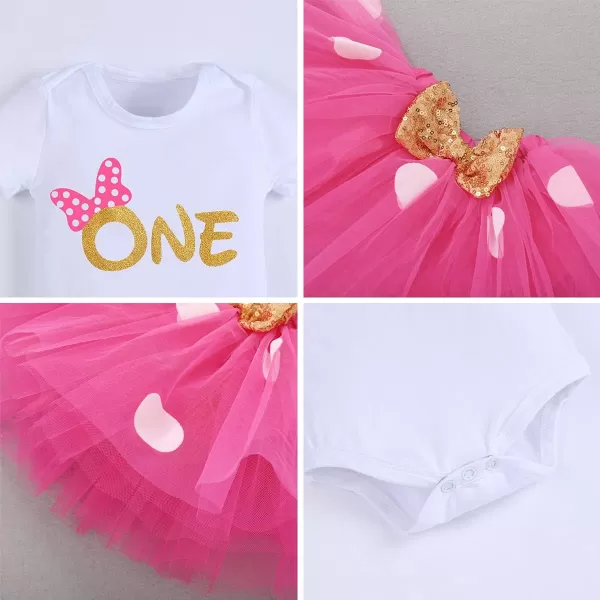 IDOPIP 1st Birthday Outfit Girl Baby Polka Dot Costume Bow One Romper Ruffle Tulle Skirt Headband Cake Smash Dress 3pcs SetHot Pink One