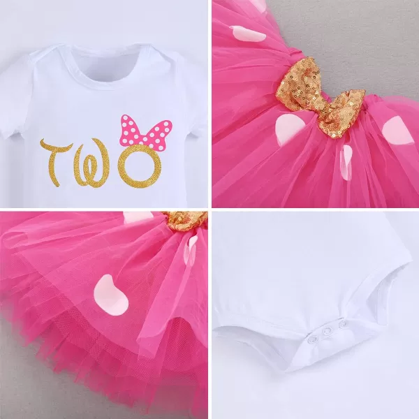 IDOPIP 1st Birthday Outfit Girl Baby Polka Dot Costume Bow One Romper Ruffle Tulle Skirt Headband Cake Smash Dress 3pcs SetHot Pink Two