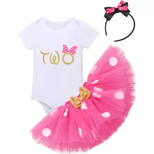 IDOPIP 1st Birthday Outfit Girl Baby Polka Dot Costume Bow One Romper Ruffle Tulle Skirt Headband Cake Smash Dress 3pcs SetHot Pink Two