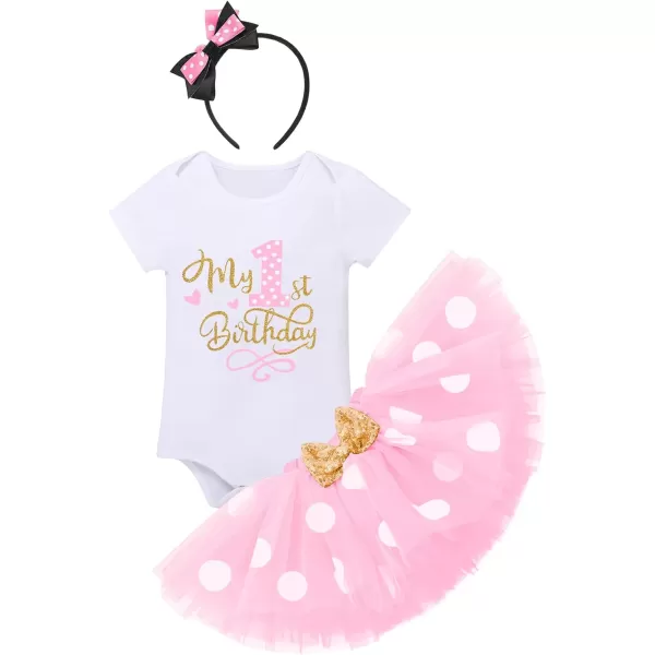 IDOPIP 1st Birthday Outfit Girl Baby Polka Dot Costume Bow One Romper Ruffle Tulle Skirt Headband Cake Smash Dress 3pcs SetPink 1st Birthday