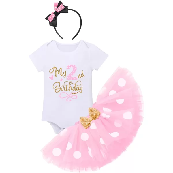 IDOPIP 1st Birthday Outfit Girl Baby Polka Dot Costume Bow One Romper Ruffle Tulle Skirt Headband Cake Smash Dress 3pcs SetPink 2nd Birthday