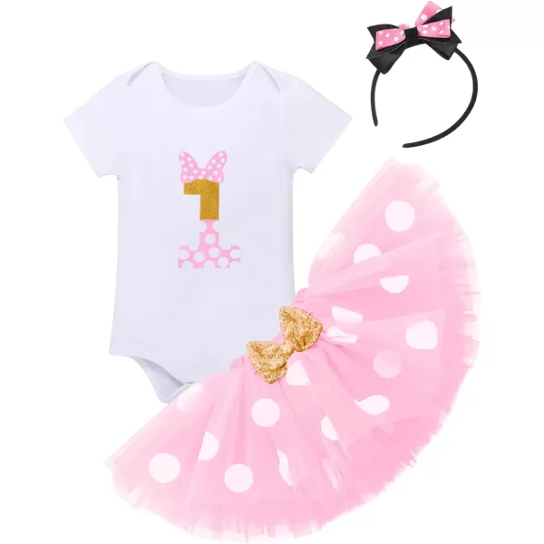 IDOPIP 1st Birthday Outfit Girl Baby Polka Dot Costume Bow One Romper Ruffle Tulle Skirt Headband Cake Smash Dress 3pcs SetPink No1