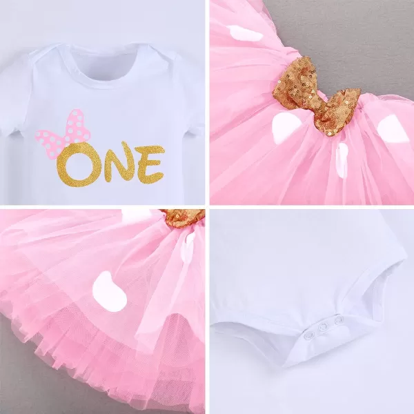 IDOPIP 1st Birthday Outfit Girl Baby Polka Dot Costume Bow One Romper Ruffle Tulle Skirt Headband Cake Smash Dress 3pcs SetPink One