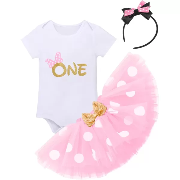 IDOPIP 1st Birthday Outfit Girl Baby Polka Dot Costume Bow One Romper Ruffle Tulle Skirt Headband Cake Smash Dress 3pcs SetPink One