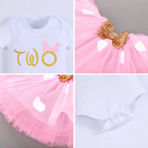 IDOPIP 1st Birthday Outfit Girl Baby Polka Dot Costume Bow One Romper Ruffle Tulle Skirt Headband Cake Smash Dress 3pcs SetPink Two