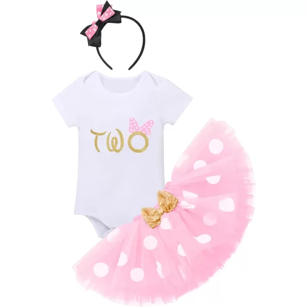 IDOPIP 1st Birthday Outfit Girl Baby Polka Dot Costume Bow One Romper Ruffle Tulle Skirt Headband Cake Smash Dress 3pcs SetPink Two