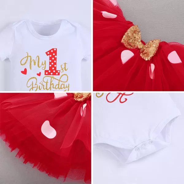 IDOPIP 1st Birthday Outfit Girl Baby Polka Dot Costume Bow One Romper Ruffle Tulle Skirt Headband Cake Smash Dress 3pcs SetRed 1st Birthday