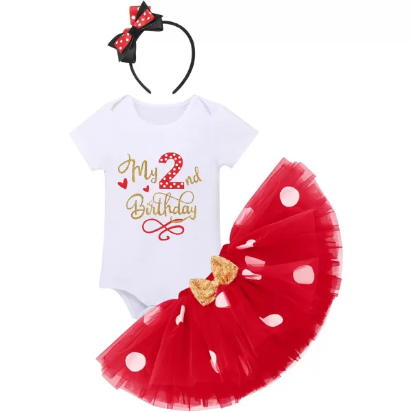 IDOPIP 1st Birthday Outfit Girl Baby Polka Dot Costume Bow One Romper Ruffle Tulle Skirt Headband Cake Smash Dress 3pcs SetRed 2nd Birthday