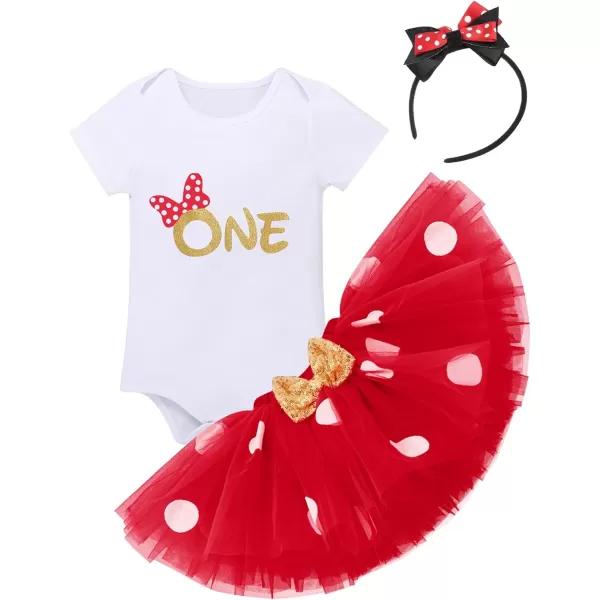 IDOPIP 1st Birthday Outfit Girl Baby Polka Dot Costume Bow One Romper Ruffle Tulle Skirt Headband Cake Smash Dress 3pcs SetRed One