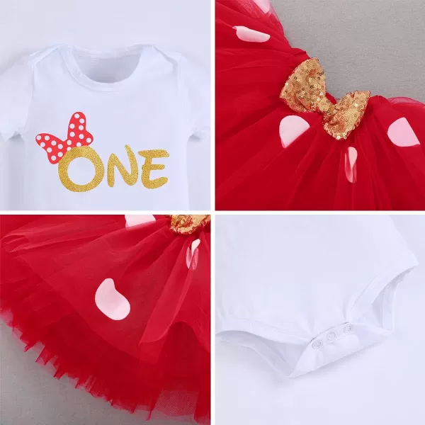 IDOPIP 1st Birthday Outfit Girl Baby Polka Dot Costume Bow One Romper Ruffle Tulle Skirt Headband Cake Smash Dress 3pcs SetRed One