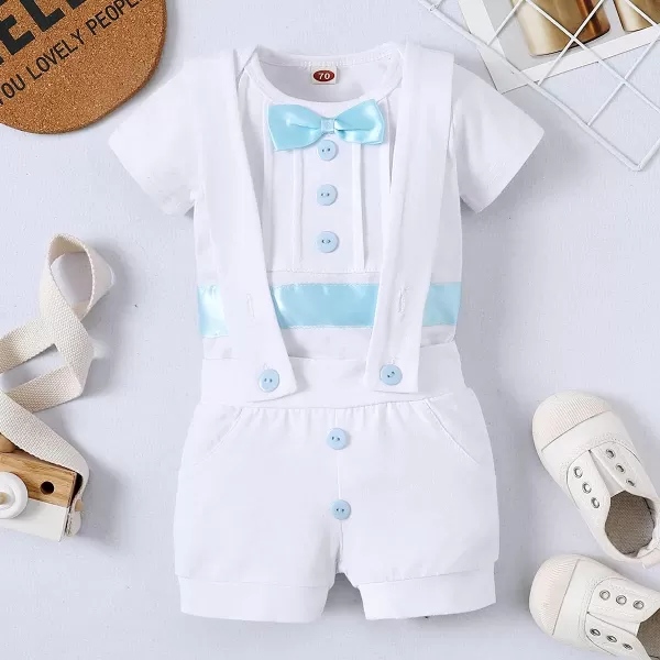 IDOPIP Baby Boy Baptism Christening Outfit Gentleman Bowtie Romper Suspenders Pants First Birthday Wedding Party Tuxedo SuitBlue  Short Sleeve