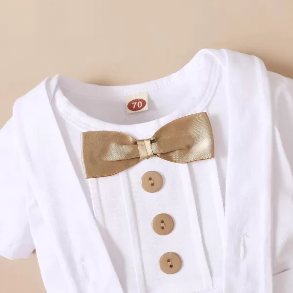 IDOPIP Baby Boy Baptism Christening Outfit Gentleman Bowtie Romper Suspenders Pants First Birthday Wedding Party Tuxedo SuitGold  Short Sleeve