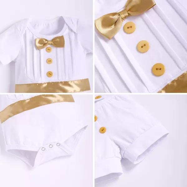 IDOPIP Baby Boy Baptism Christening Outfit Gentleman Bowtie Romper Suspenders Pants First Birthday Wedding Party Tuxedo SuitGold  Short Sleeve