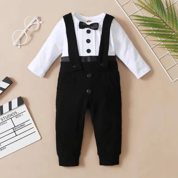 IDOPIP Baby Boy Baptism Christening Outfit Gentleman Bowtie Romper Suspenders Pants First Birthday Wedding Party Tuxedo SuitWhite  Black  Long Sleeve