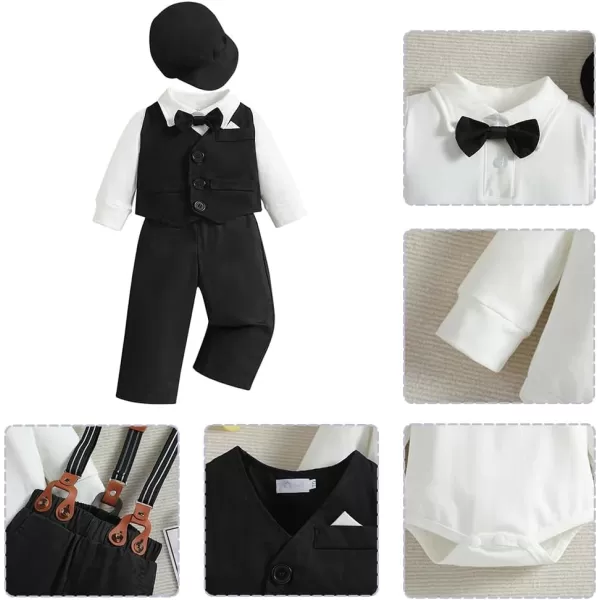 IDOPIP Baby Boy Gentleman Outfit Formal Tuxedo Suit Bowtie Romper Overalls with Vest Hat Birthday Wedding Party ClothesBlack 5pcs