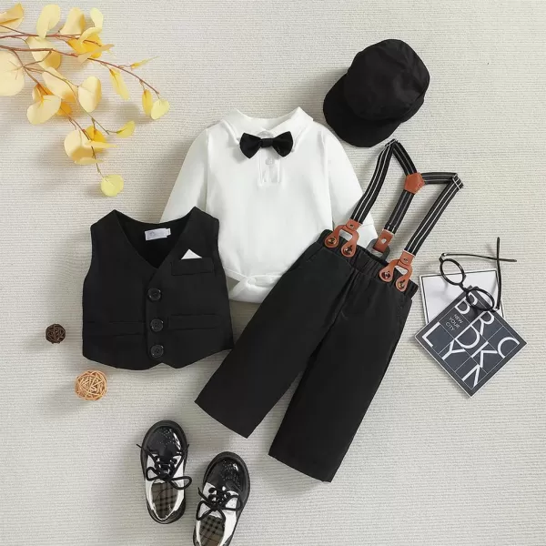 IDOPIP Baby Boy Gentleman Outfit Formal Tuxedo Suit Bowtie Romper Overalls with Vest Hat Birthday Wedding Party ClothesBlack 5pcs