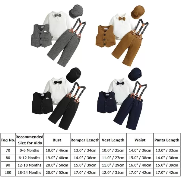 IDOPIP Baby Boy Gentleman Outfit Formal Tuxedo Suit Bowtie Romper Overalls with Vest Hat Birthday Wedding Party ClothesBlack 5pcs