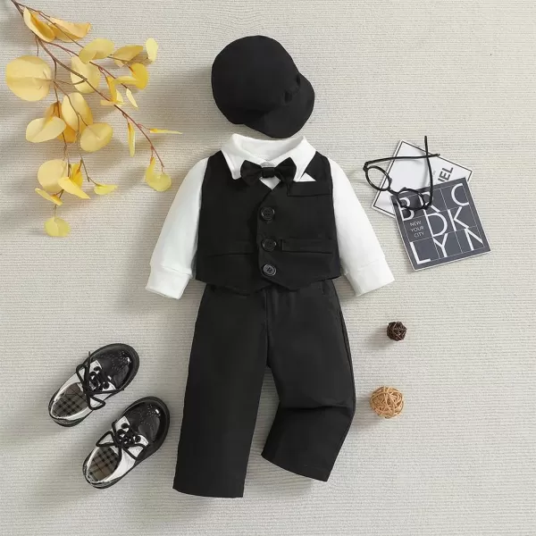 IDOPIP Baby Boy Gentleman Outfit Formal Tuxedo Suit Bowtie Romper Overalls with Vest Hat Birthday Wedding Party ClothesBlack 5pcs