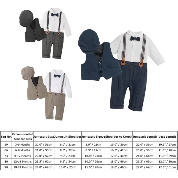 IDOPIP Baby Boy Gentleman Outfit Formal Tuxedo Suit Bowtie Romper Overalls with Vest Hat Birthday Wedding Party ClothesGray 4pcs