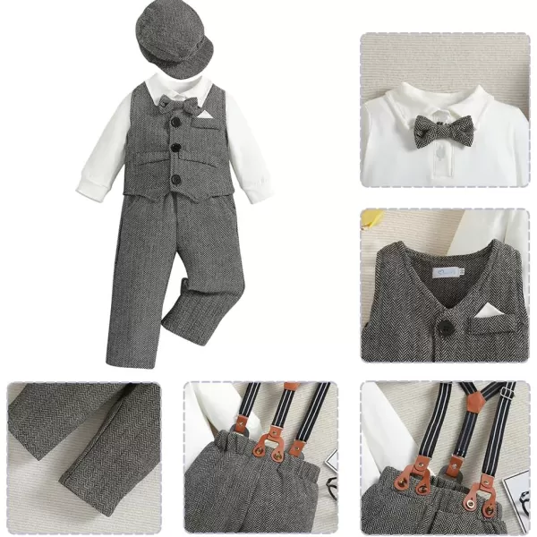 IDOPIP Baby Boy Gentleman Outfit Formal Tuxedo Suit Bowtie Romper Overalls with Vest Hat Birthday Wedding Party ClothesGray 5pcs