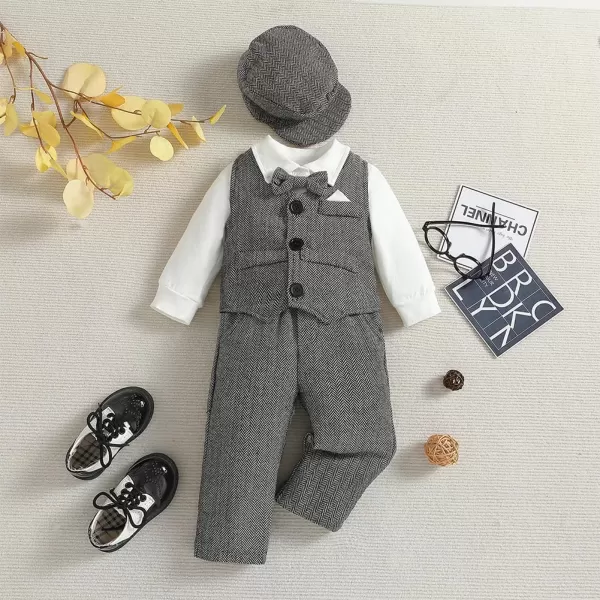 IDOPIP Baby Boy Gentleman Outfit Formal Tuxedo Suit Bowtie Romper Overalls with Vest Hat Birthday Wedding Party ClothesGray 5pcs