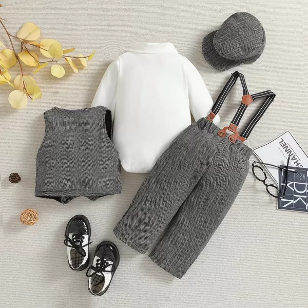 IDOPIP Baby Boy Gentleman Outfit Formal Tuxedo Suit Bowtie Romper Overalls with Vest Hat Birthday Wedding Party ClothesGray 5pcs