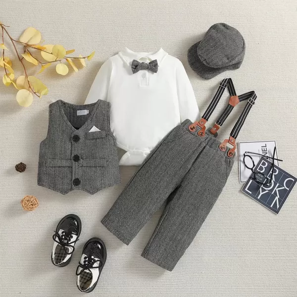 IDOPIP Baby Boy Gentleman Outfit Formal Tuxedo Suit Bowtie Romper Overalls with Vest Hat Birthday Wedding Party ClothesGray 5pcs