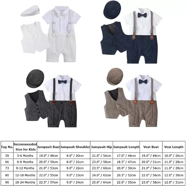 IDOPIP Baby Boy Gentleman Outfit Formal Tuxedo Suit Bowtie Romper Overalls with Vest Hat Birthday Wedding Party ClothesNavy Blue  Short Sleeve