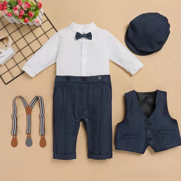 IDOPIP Baby Boy Gentleman Outfit Formal Tuxedo Suit Bowtie Romper Overalls with Vest Hat Birthday Wedding Party ClothesNavy Blue 4pcs