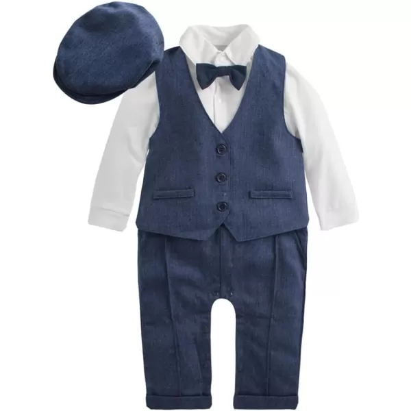 IDOPIP Baby Boy Gentleman Outfit Formal Tuxedo Suit Bowtie Romper Overalls with Vest Hat Birthday Wedding Party ClothesNavy Blue 4pcs