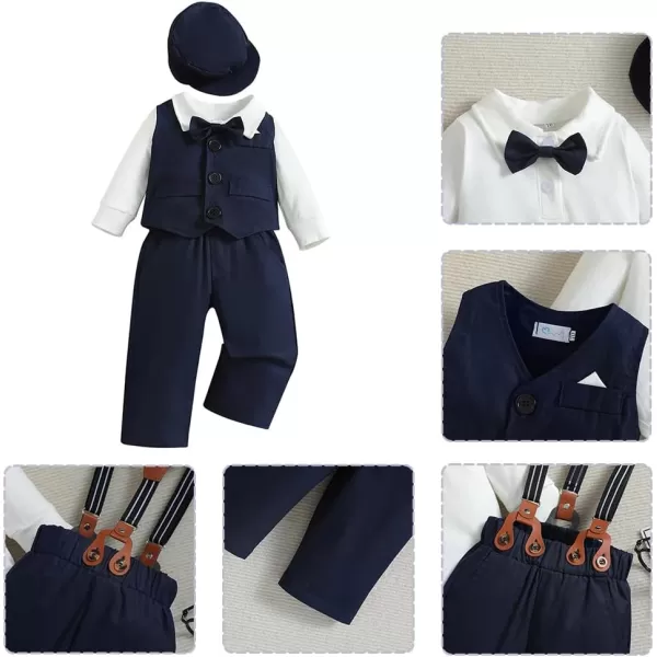 IDOPIP Baby Boy Gentleman Outfit Formal Tuxedo Suit Bowtie Romper Overalls with Vest Hat Birthday Wedding Party ClothesNavy Blue 5pcs